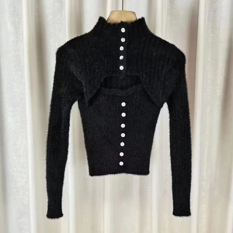 Пуловер от имитационна норка, полувисока яка, 3D шарка, средна дебелина, къс модел