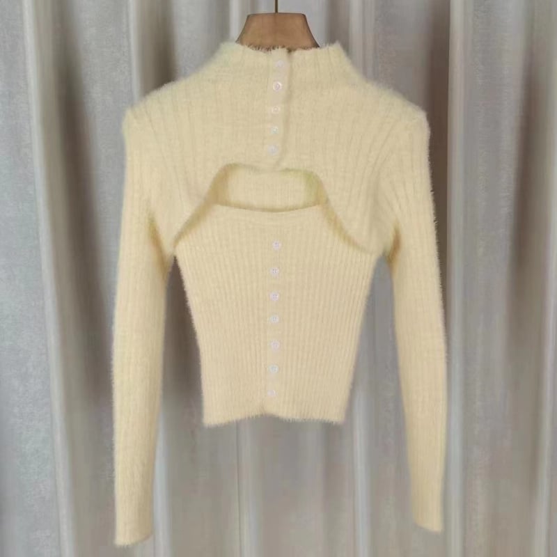 Пуловер от имитационна норка, полувисока яка, 3D шарка, средна дебелина, къс модел