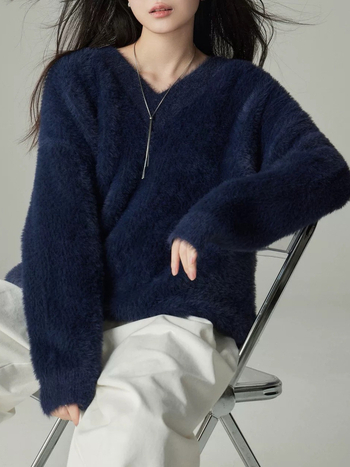 Akrilni džemper s V-izrezom, color-block uzorak, opuštena kroj, standardna duljina, pulover, japansko-korejski casual stil