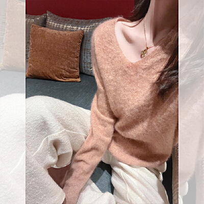 Akrilni džemper s V-izrezom, color-block uzorak, opuštena kroj, standardna duljina, pulover, japansko-korejski casual stil