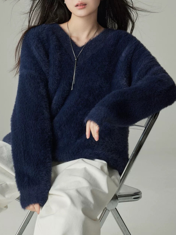 Akrilni džemper s V-izrezom, color-block uzorak, opuštena kroj, standardna duljina, pulover, japansko-korejski casual stil