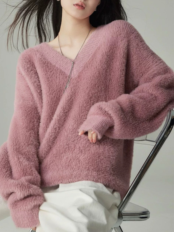 Akrilni džemper s V-izrezom, color-block uzorak, opuštena kroj, standardna duljina, pulover, japansko-korejski casual stil