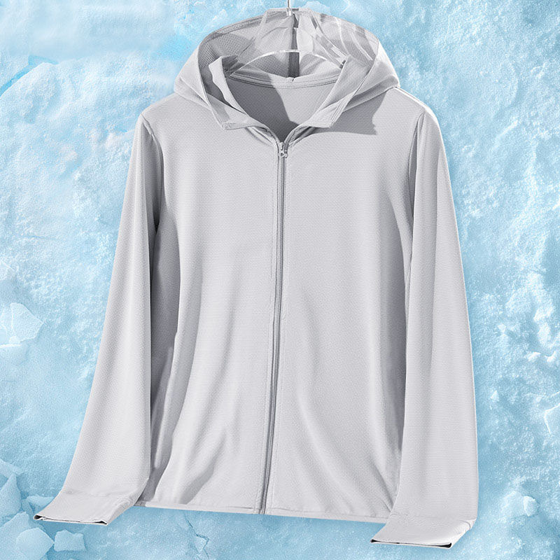 Muška Ice Silk mrežasta UV zaštita jakna, brzo se suši, lagana tkanina, kapuljača, zatvarač, širok kroj, ljeto
