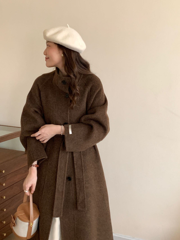Ženski vuneni kaput, dvostrani, stojeći ovratnik, jednostruko kopčanje, produljeni kroj, debeli materijal, podstava Lyocell <30%, zima 2024, japansko-korejski ležerni stil, ravni kroj