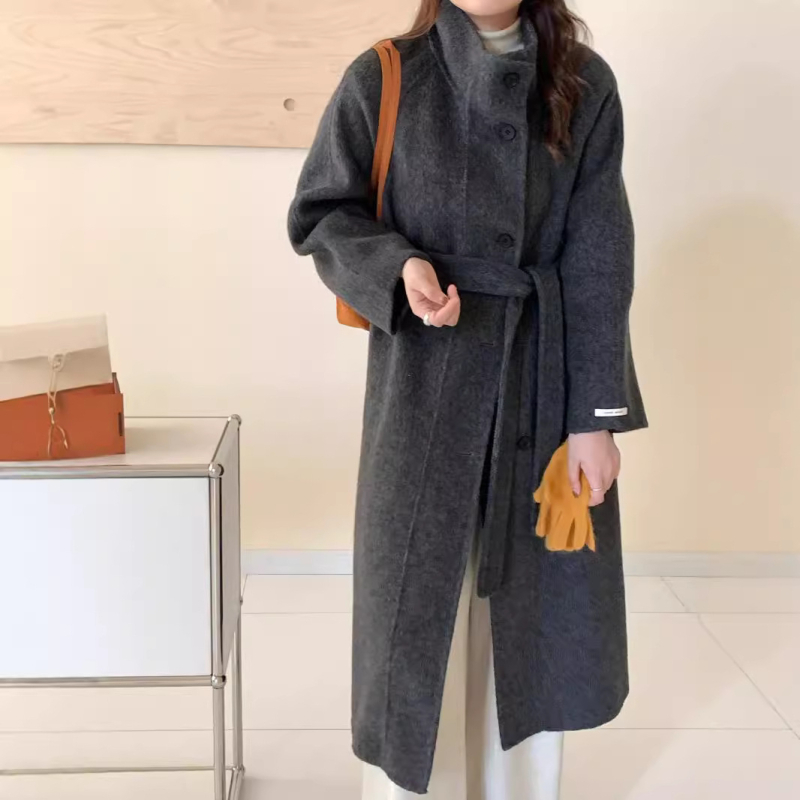 Ženski vuneni kaput, dvostrani, stojeći ovratnik, jednostruko kopčanje, produljeni kroj, debeli materijal, podstava Lyocell <30%, zima 2024, japansko-korejski ležerni stil, ravni kroj