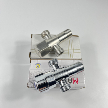 K201 trojcestný nerezový uhlový ventil | jeden vstup, dva výstupy | manuálna inštalácia | vhodné pre kuchyňu, balkón a WC