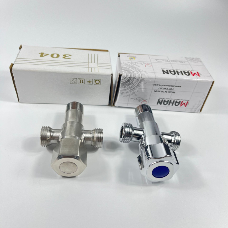 K201 trojcestný nerezový uhlový ventil | jeden vstup, dva výstupy | manuálna inštalácia | vhodné pre kuchyňu, balkón a WC