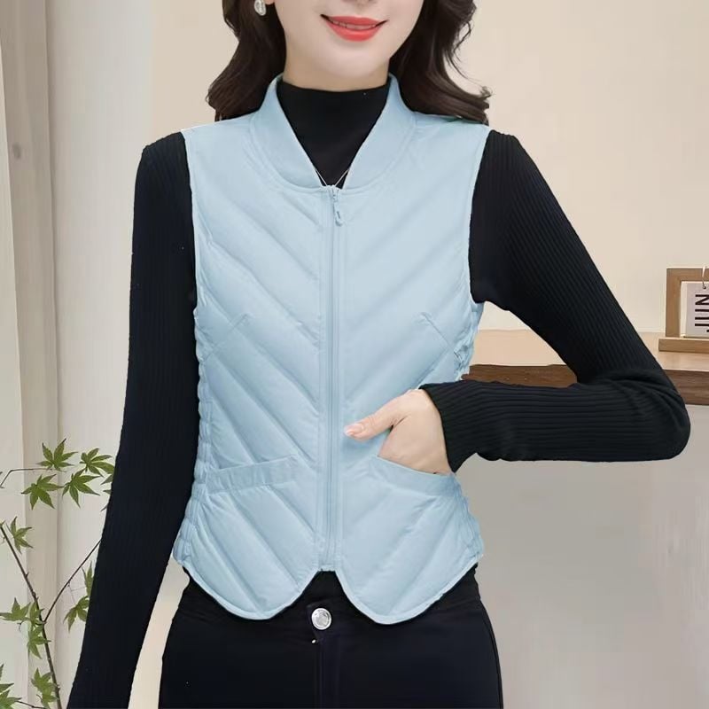 Женска пухена жилетка, Slim-Fit, без ръкави, къс модел, кръгло деколте
