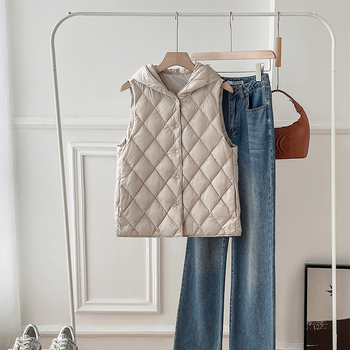 Γιλέκο με κουκούλα από πούπουλα πάπιας, ελαφρύ εξωτερικό ύφασμα νάιλον, γέμισμα από πούπουλα πάπιας, μη αποσπώμενη επένδυση