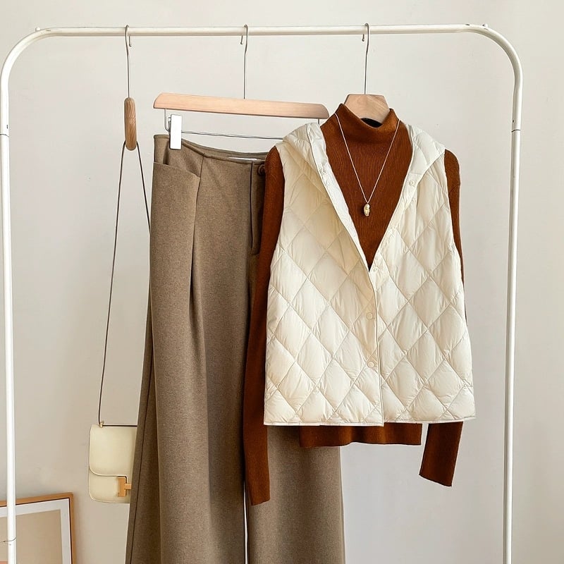 Γιλέκο με κουκούλα από πούπουλα πάπιας, ελαφρύ εξωτερικό ύφασμα νάιλον, γέμισμα από πούπουλα πάπιας, μη αποσπώμενη επένδυση