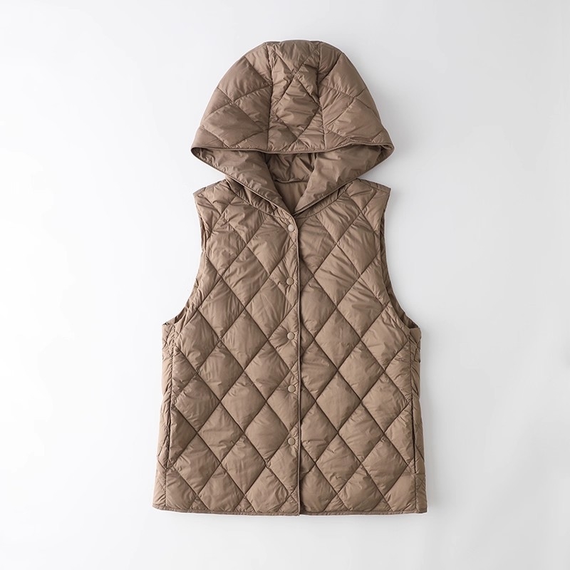 Γιλέκο με κουκούλα από πούπουλα πάπιας, ελαφρύ εξωτερικό ύφασμα νάιλον, γέμισμα από πούπουλα πάπιας, μη αποσπώμενη επένδυση
