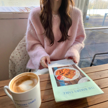 Дамски плетен кардиган от мохер с качулка, свободен силует, кръгла яка