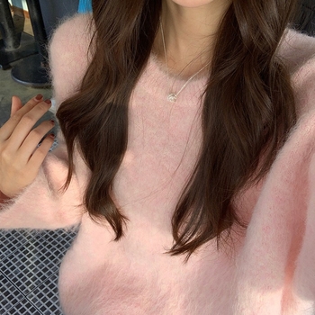 Дамски плетен кардиган от мохер с качулка, свободен силует, кръгла яка