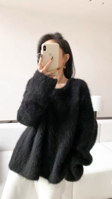 Дамски плетен кардиган от мохер с качулка, свободен силует, кръгла яка