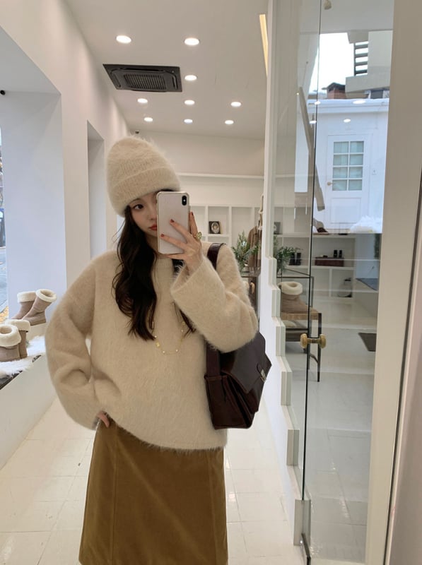 Дамски плетен кардиган от мохер с качулка, свободен силует, кръгла яка