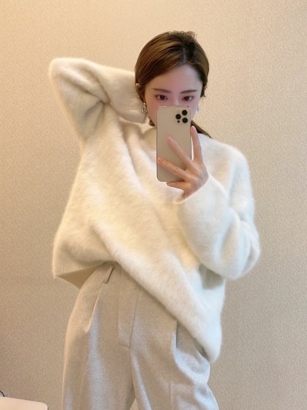 Дамски плетен кардиган от мохер с качулка, свободен силует, кръгла яка