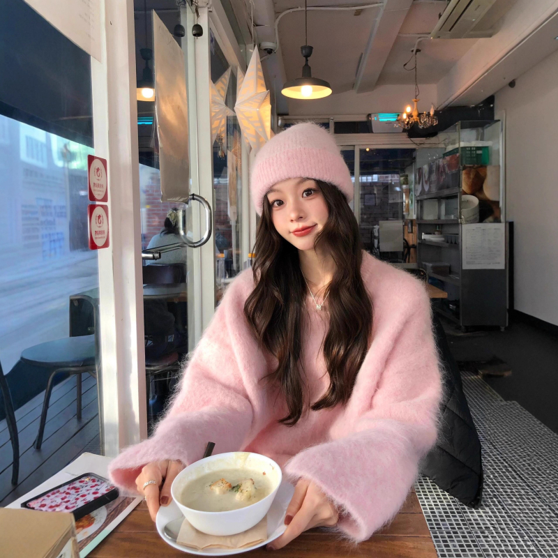 Дамски плетен кардиган от мохер с качулка, свободен силует, кръгла яка