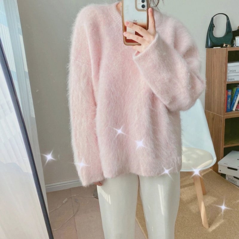 Дамски плетен кардиган от мохер с качулка, свободен силует, кръгла яка