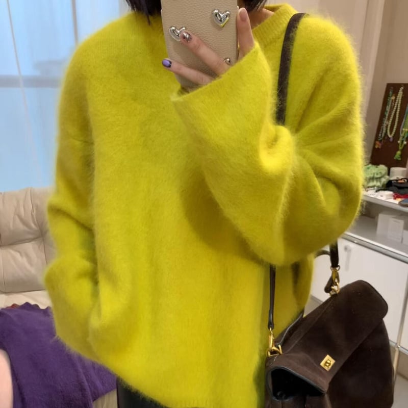 Дамски плетен кардиган от мохер с качулка, свободен силует, кръгла яка