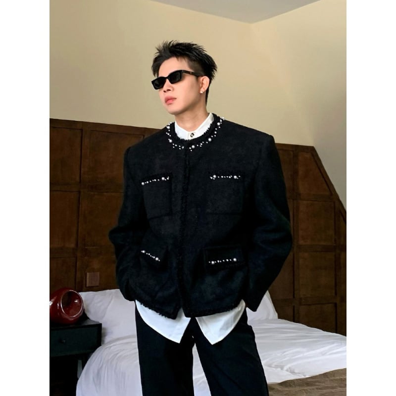 Férfi slim-fit kabát gyöngyös díszítéssel, Vinylon-Lycra anyag, ősz 2025