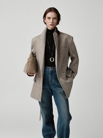 Дамски вълнен костюм, модел с райета/каре, двойно закопчаване, яка в стил костюм, есен 2025