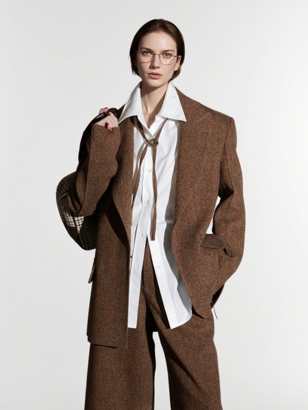 Дамски вълнен костюм, модел с райета/каре, двойно закопчаване, яка в стил костюм, есен 2025