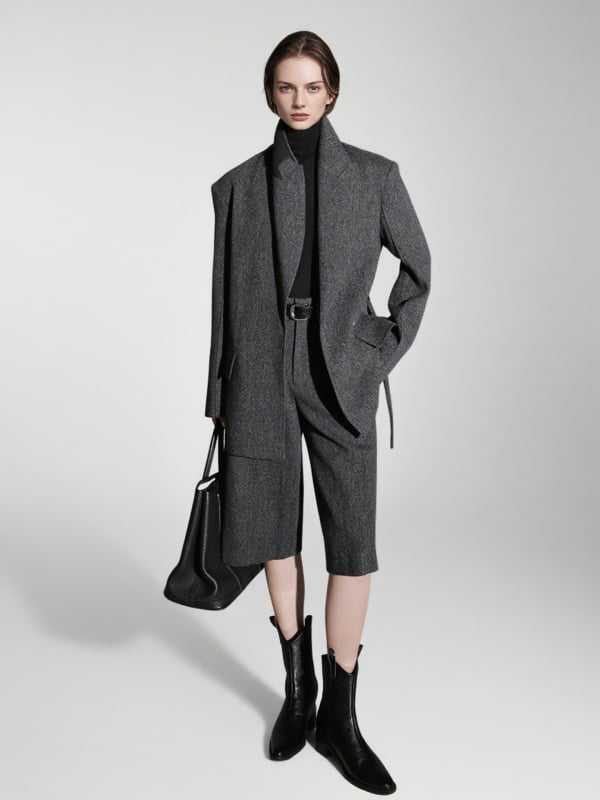 Дамски вълнен костюм, модел с райета/каре, двойно закопчаване, яка в стил костюм, есен 2025