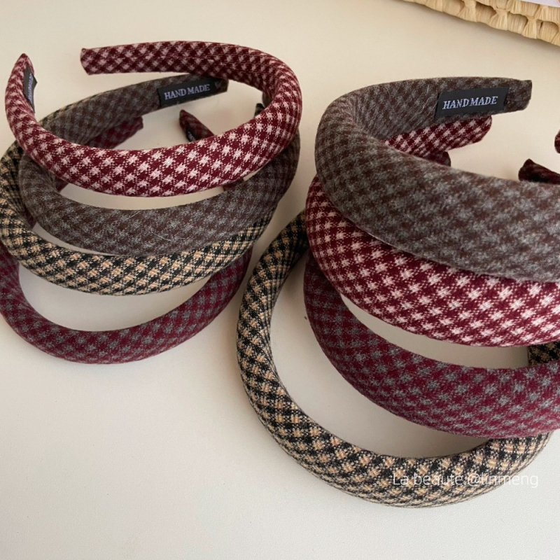 Bandă pentru păr feminin, stil coreean, cu coroană înaltă și model carouri, lucrată manual, din plastic/rășină