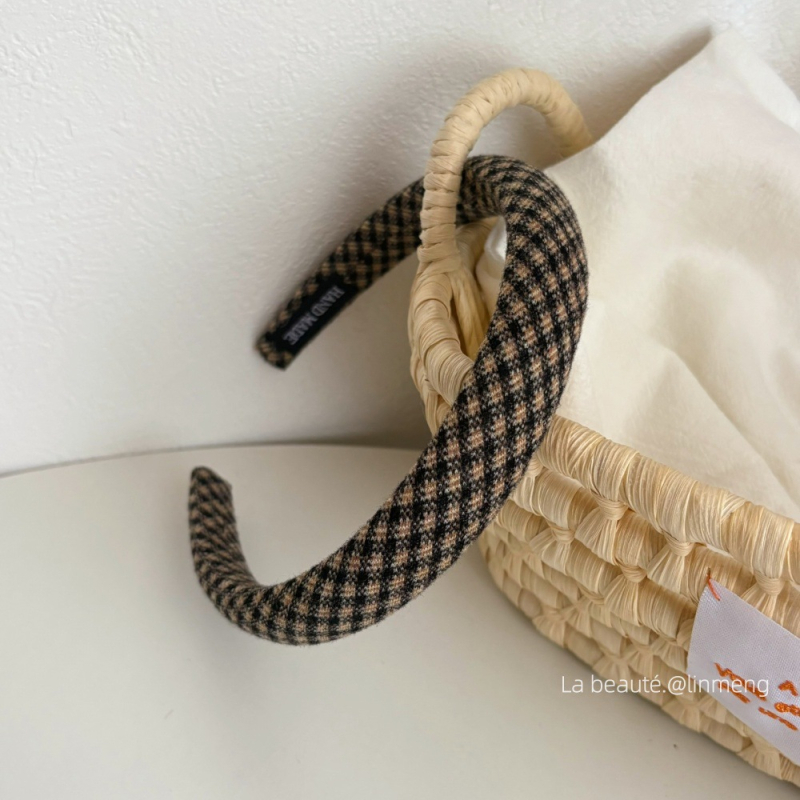 Bandă pentru păr feminin, stil coreean, cu coroană înaltă și model carouri, lucrată manual, din plastic/rășină