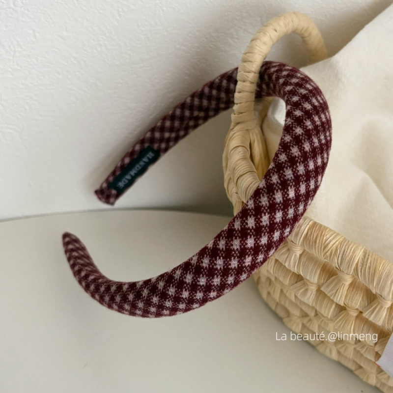 Bandă pentru păr feminin, stil coreean, cu coroană înaltă și model carouri, lucrată manual, din plastic/rășină