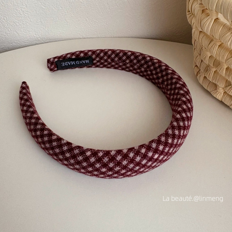 Bandă pentru păr feminin, stil coreean, cu coroană înaltă și model carouri, lucrată manual, din plastic/rășină