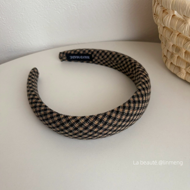 Bandă pentru păr feminin, stil coreean, cu coroană înaltă și model carouri, lucrată manual, din plastic/rășină