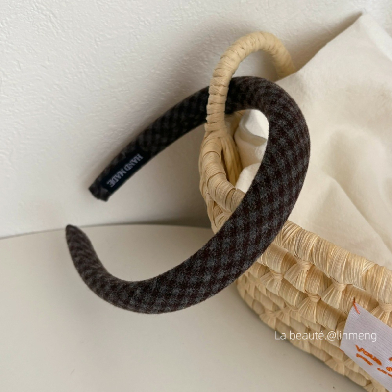 Bandă pentru păr feminin, stil coreean, cu coroană înaltă și model carouri, lucrată manual, din plastic/rășină