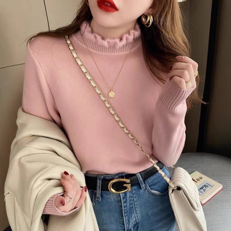 Свитер от плътна трикотажна материя, Slim Fit, полувисока яка, дълги ръкави