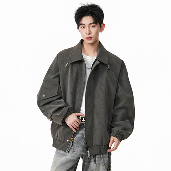 PU δερμάτινο σακάκι με κουκούλα, χαλαρή γραμμή, μεσαίο μήκος, ανδρικό μοτοσικλετικό στυλ