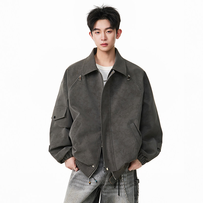 PU δερμάτινο σακάκι με κουκούλα, χαλαρή γραμμή, μεσαίο μήκος, ανδρικό μοτοσικλετικό στυλ