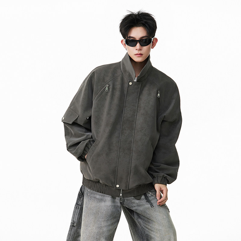 PU δερμάτινο σακάκι με κουκούλα, χαλαρή γραμμή, μεσαίο μήκος, ανδρικό μοτοσικλετικό στυλ