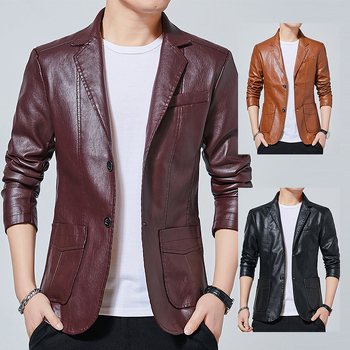 Ανδρικό PU δερμάτινο σακάκι - Slim fit, κολάρο σακάκι, μονόμπροστο κούμπωμα, επένδυση πολυεστέρα, patch τσέπες, για άνοιξη-φθινόπωρο