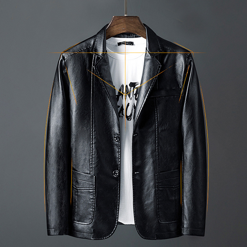 Ανδρικό PU δερμάτινο σακάκι - Slim fit, κολάρο σακάκι, μονόμπροστο κούμπωμα, επένδυση πολυεστέρα, patch τσέπες, για άνοιξη-φθινόπωρο