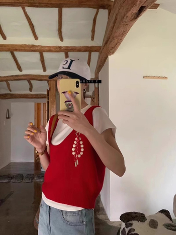 Вълнен плетен жилет с U-образно деколте, райе модел, корейски стил, свободна кройка