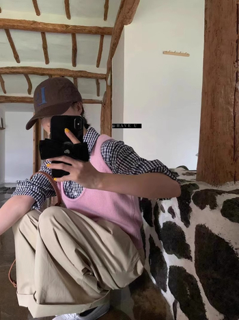 Вълнен плетен жилет с U-образно деколте, райе модел, корейски стил, свободна кройка