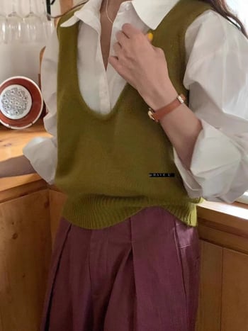 Вълнен плетен жилет с U-образно деколте, райе модел, корейски стил, свободна кройка