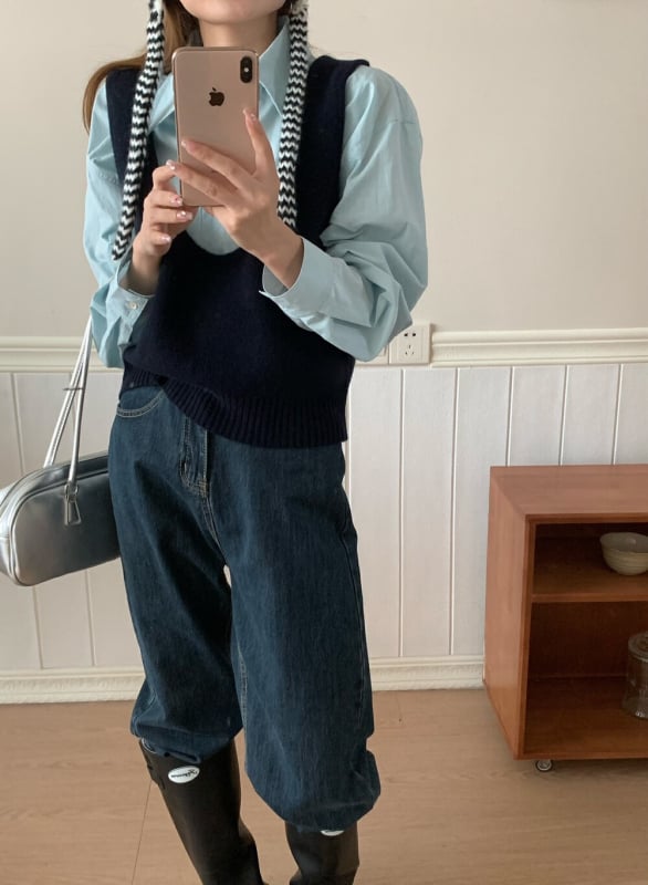 Вълнен плетен жилет с U-образно деколте, райе модел, корейски стил, свободна кройка