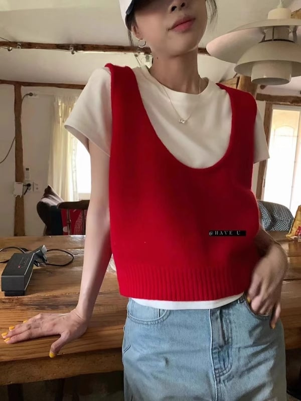 Вълнен плетен жилет с U-образно деколте, райе модел, корейски стил, свободна кройка