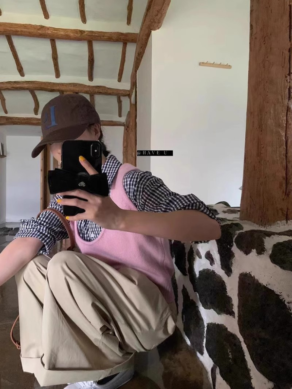 Вълнен плетен жилет с U-образно деколте, райе модел, корейски стил, свободна кройка