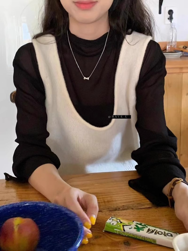 Вълнен плетен жилет с U-образно деколте, райе модел, корейски стил, свободна кройка