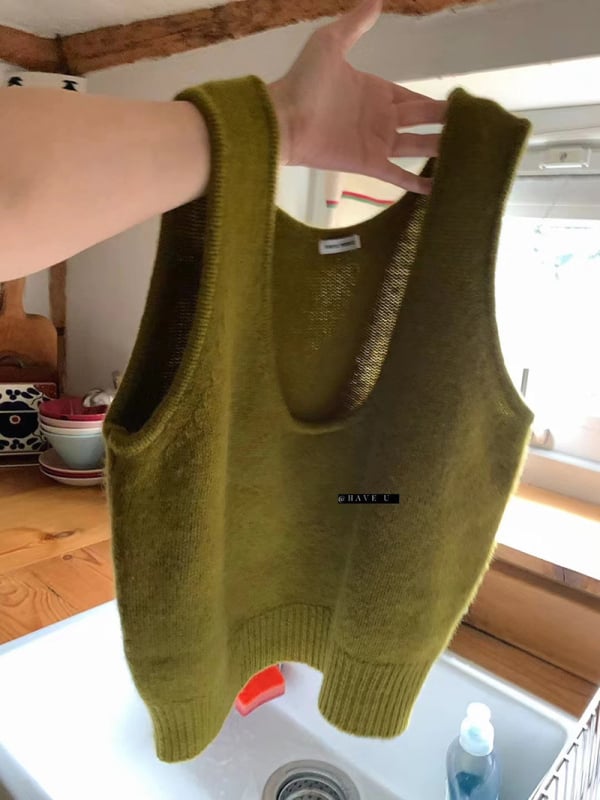 Вълнен плетен жилет с U-образно деколте, райе модел, корейски стил, свободна кройка