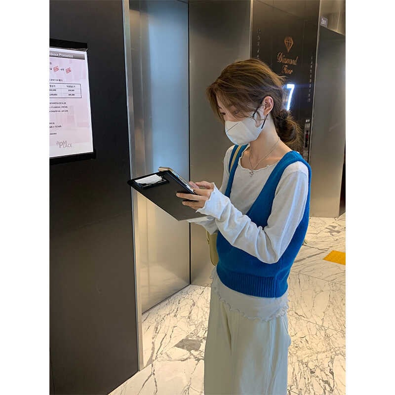 Вълнен плетен жилет с U-образно деколте, райе модел, корейски стил, свободна кройка