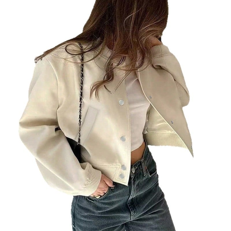 Dámska krátka bomber bunda – štandardné rukávy, okrúhly výstrih, tkaná látka, 95%+ polyester, 3D efekt