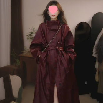 Geacă lungă din piele artificială cu guler stand, croială în A, țesătură chenille, primăvara 2025